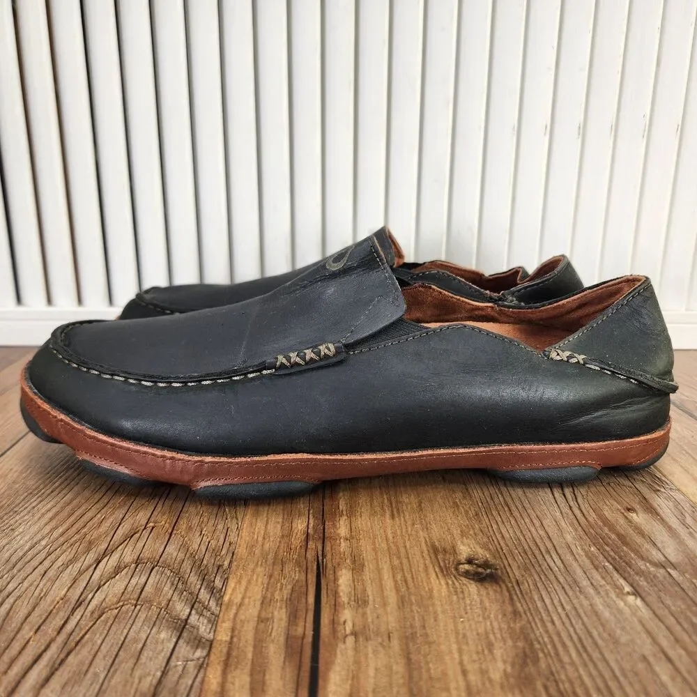 Olukai Moloa Leather Slip On Shoes Mens Sz 10 Black Brown Casual Moc Toe Loafers